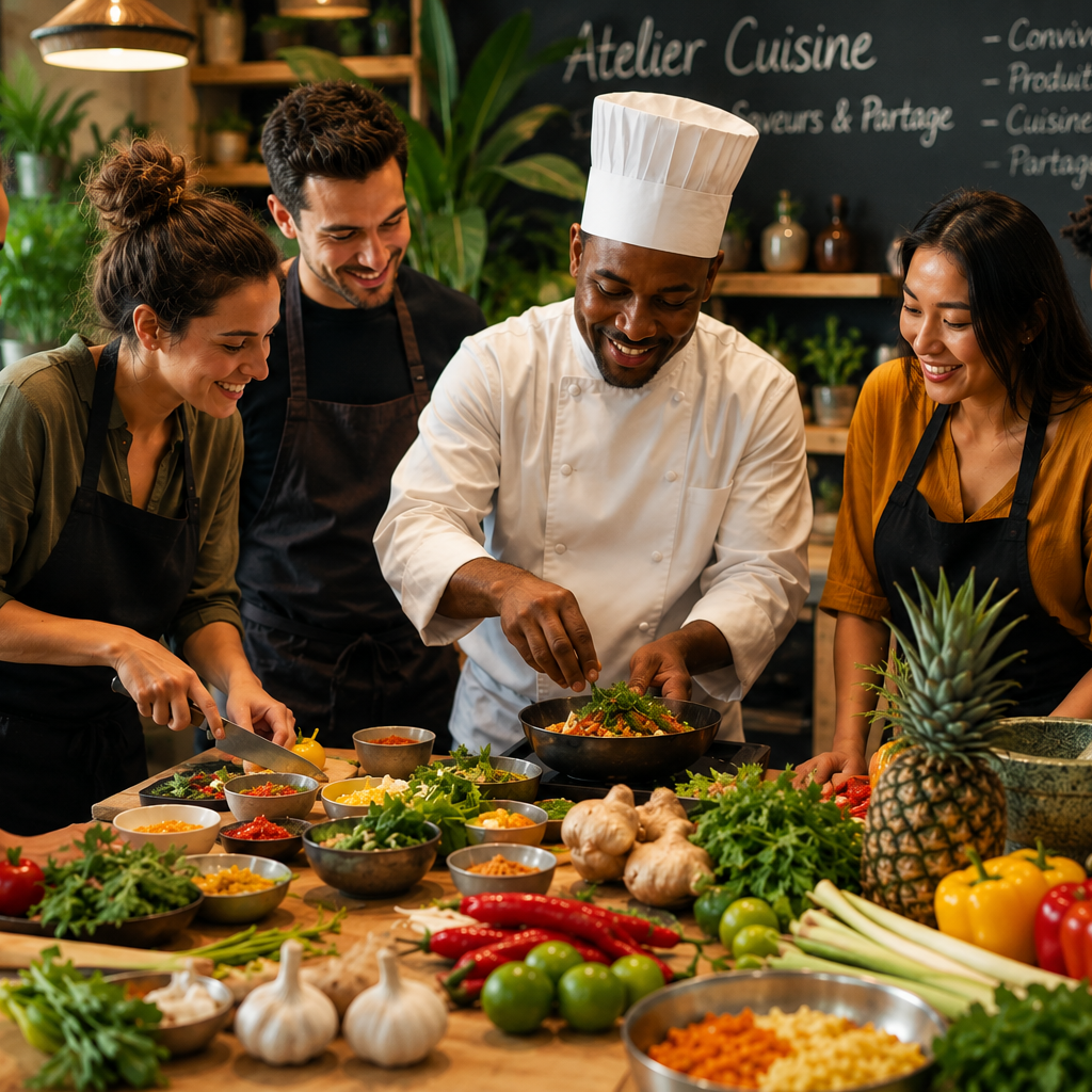 Participants apprenant à cuisiner aux côtés d'un chef cuisinier